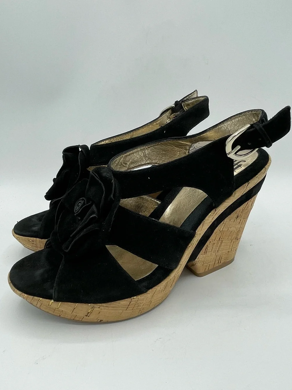 Sofft Black Suede Cork Wedge Sandals with Floral Rosette Accent.